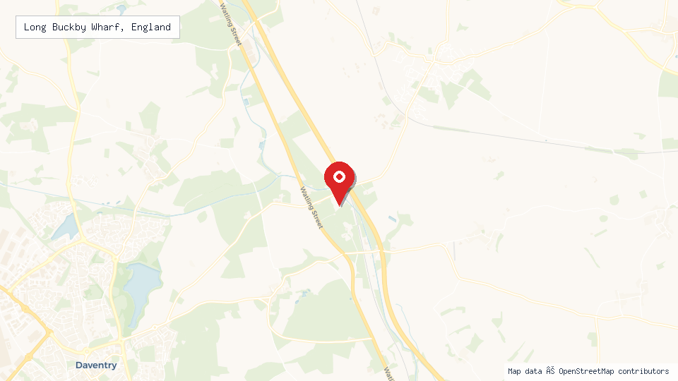 Street map of Long Buckby Wharf, England with location pin