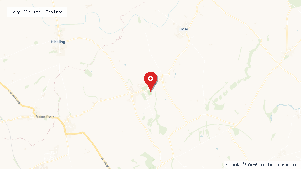 Street map of Long Clawson, England with location pin
