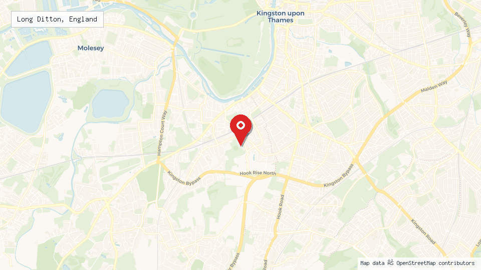 Street map of Long Ditton, England with location pin