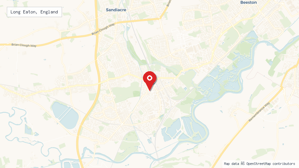 Street map of Long Eaton, England with location pin