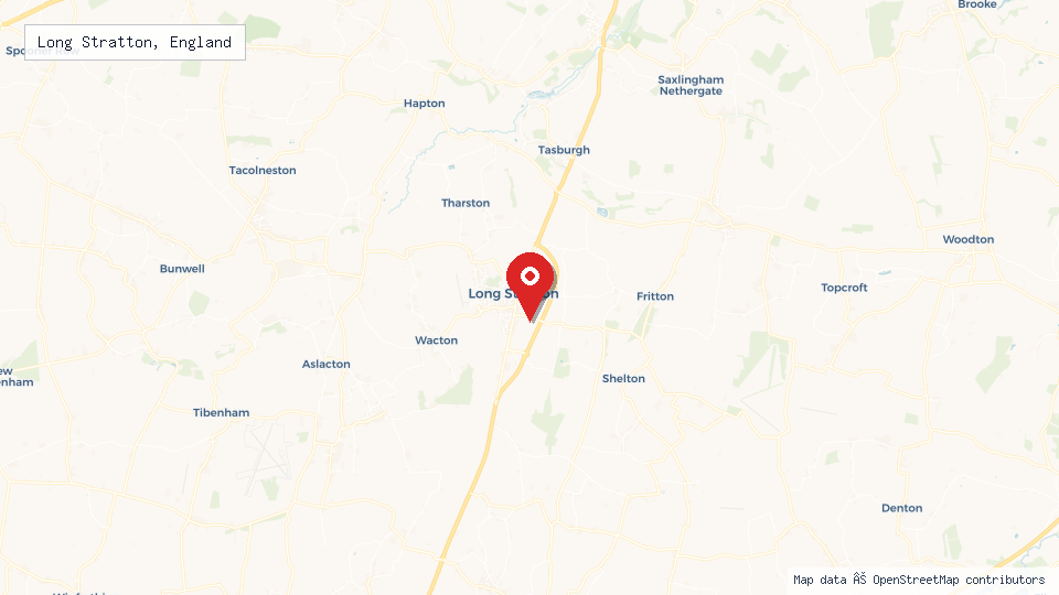 Street map of Long Stratton, England with location pin