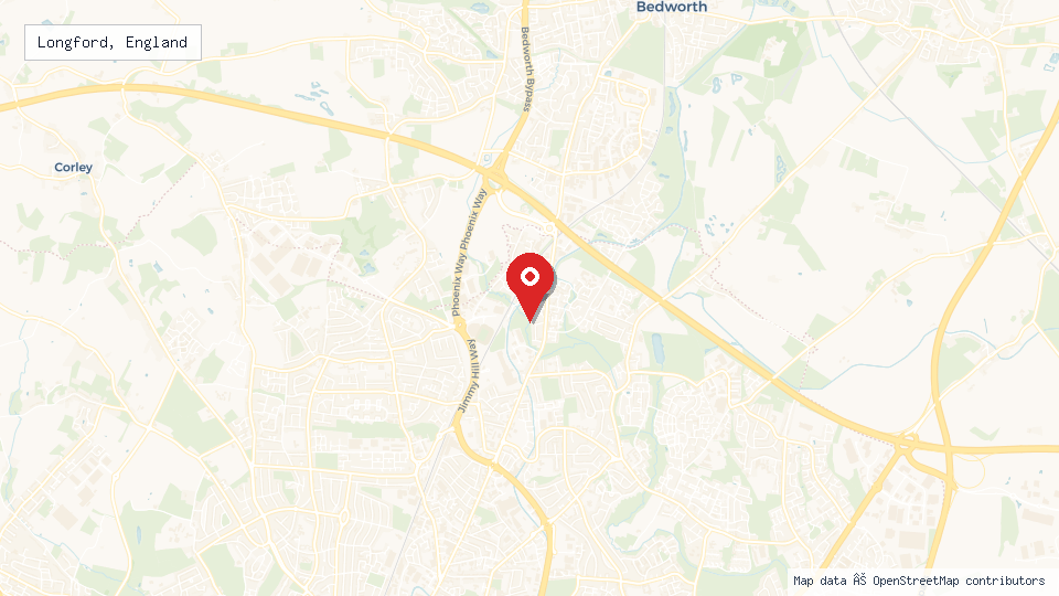 Street map of Longford, England with location pin