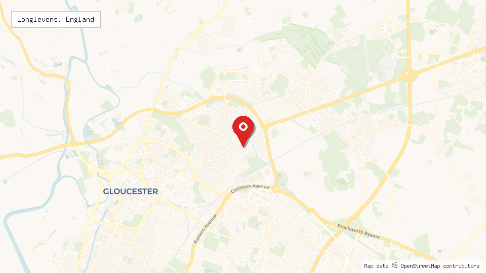 Street map of Longlevens, England with location pin