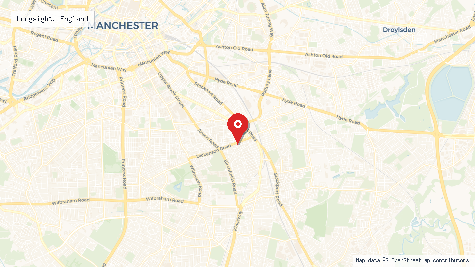 Street map of Longsight, England with location pin