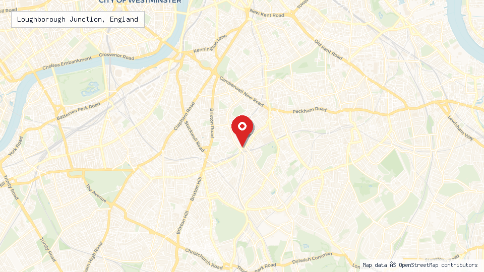 Street map of Loughborough Junction, England with location pin