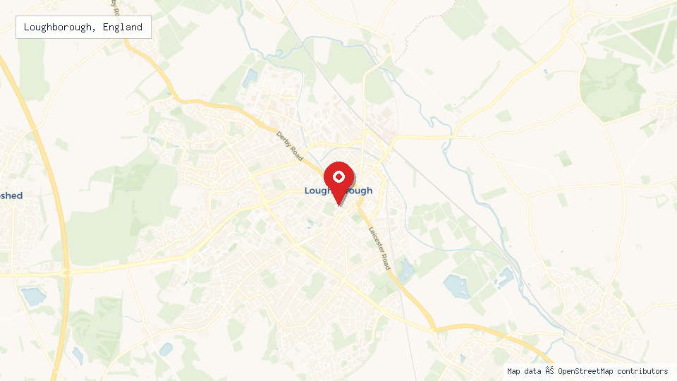 Street map of Loughborough, England with location pin