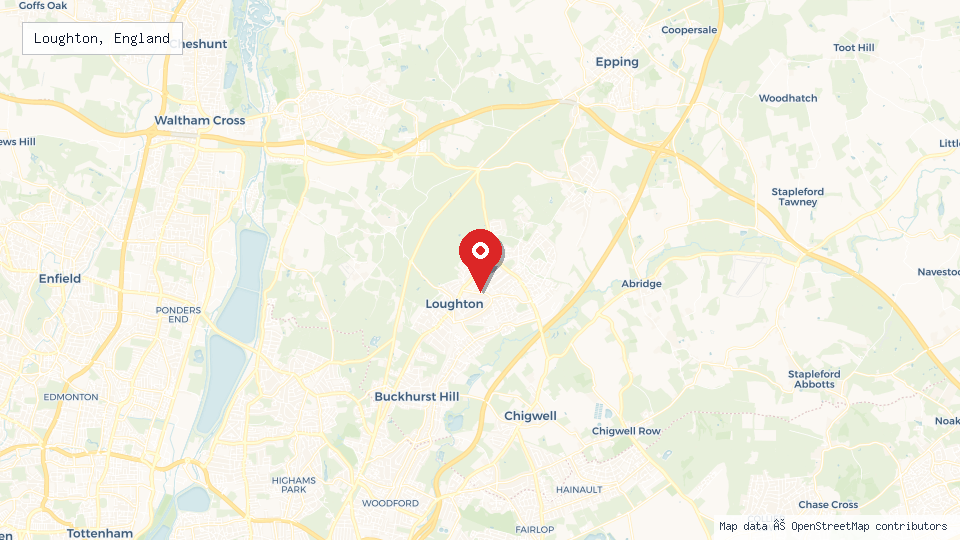 Street map of Loughton, England with location pin