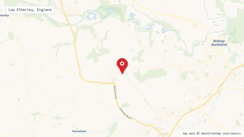 Street map of Low Etherley, England with location pin