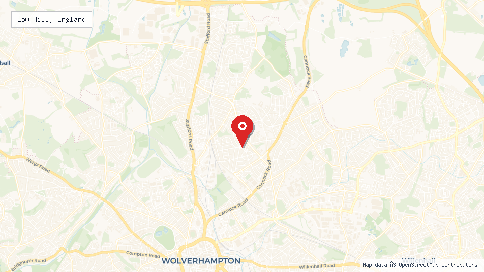 Street map of Low Hill, England with location pin