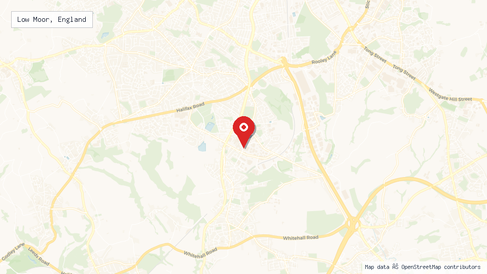 Street map of Low Moor, England with location pin