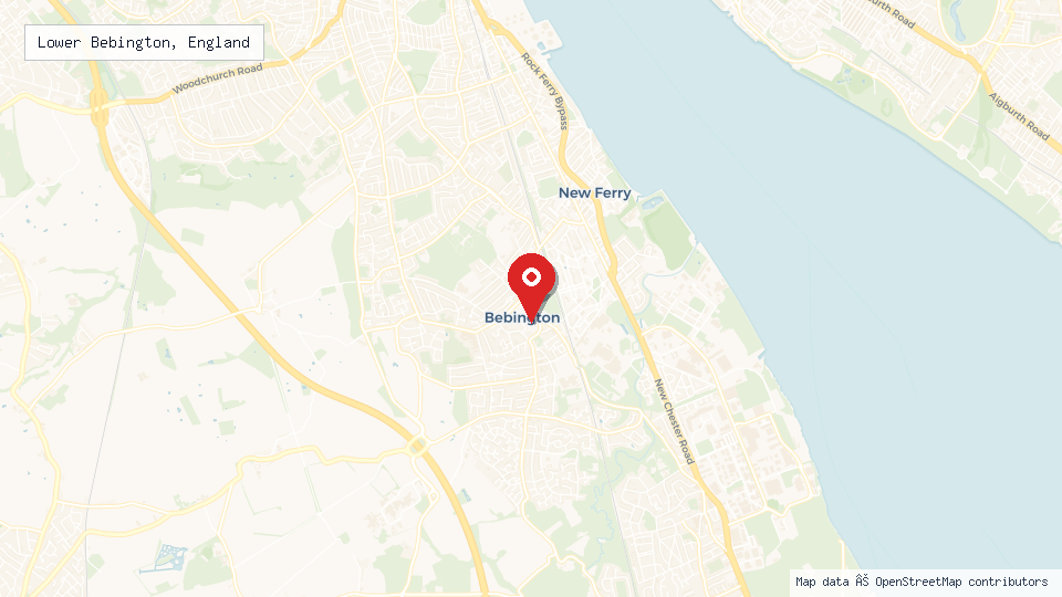 Street map of Lower Bebington, England with location pin