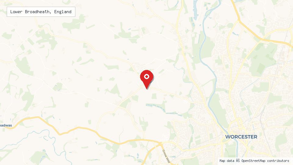 Street map of Lower Broadheath, England with location pin