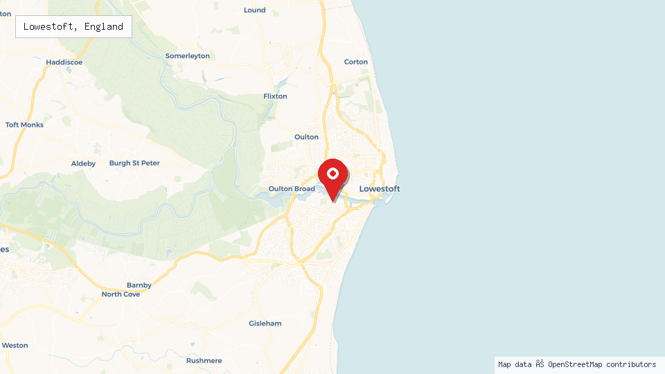 Street map of Lowestoft, England with location pin