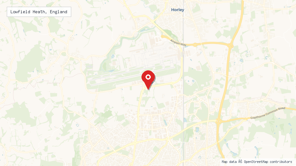 Street map of Lowfield Heath, England with location pin