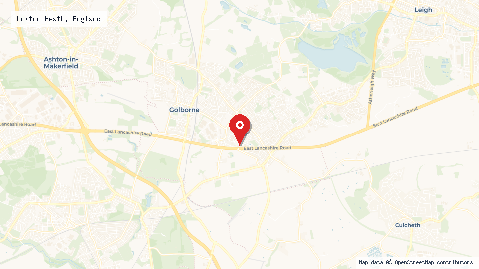 Street map of Lowton Heath, England with location pin