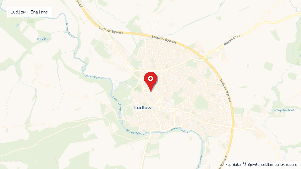 Street map of Ludlow, England with location pin