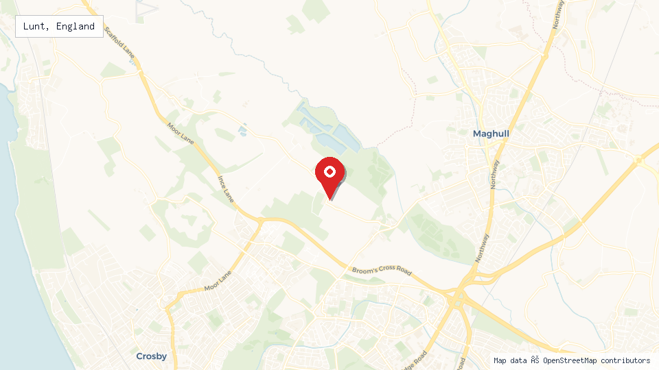 Street map of Lunt, England with location pin