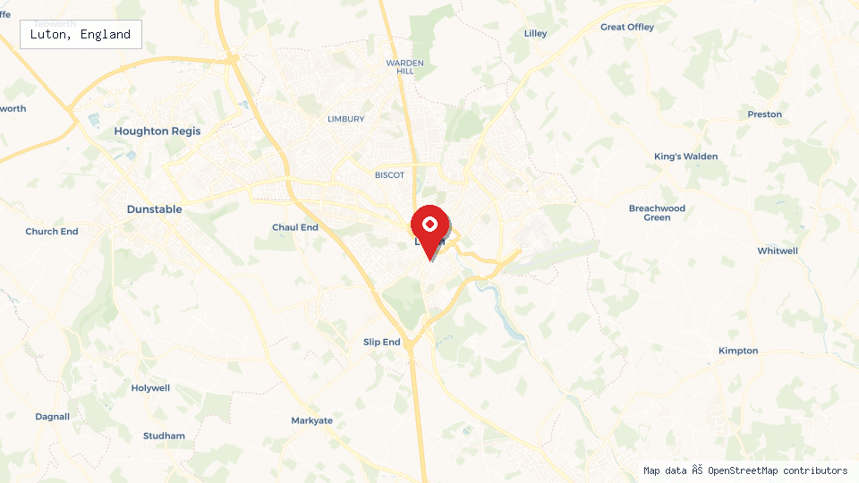 Street map of Luton, England with location pin
