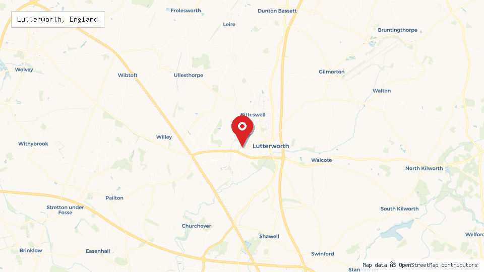 Street map of Lutterworth, England with location pin