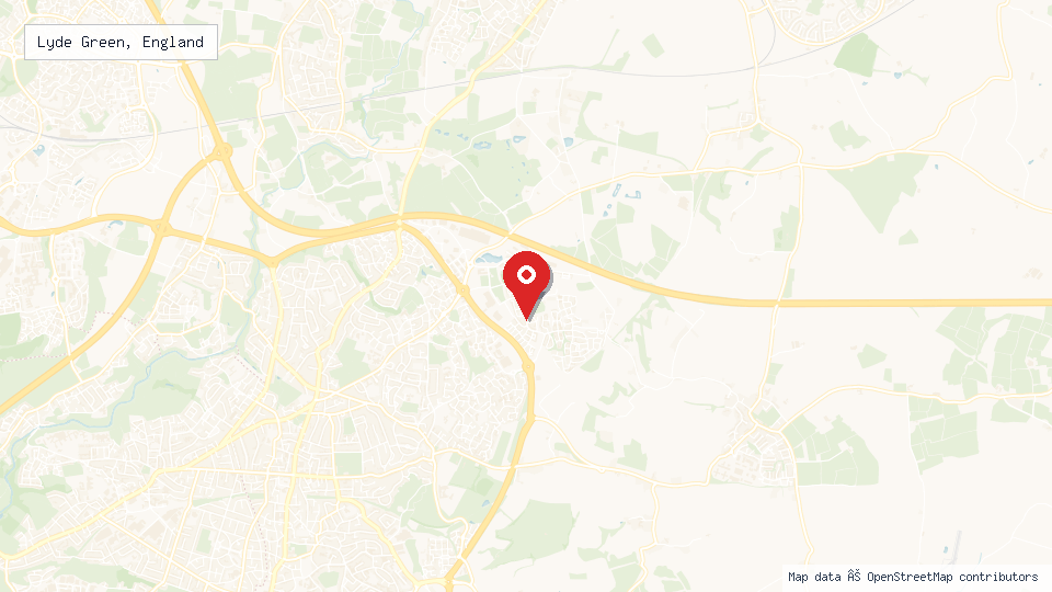 Street map of Lyde Green, England with location pin