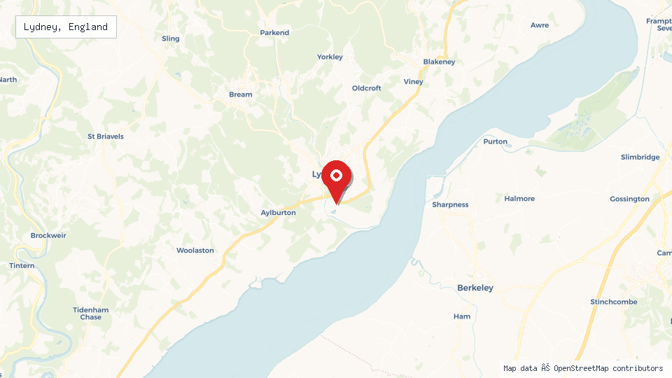 Street map of Lydney, England with location pin
