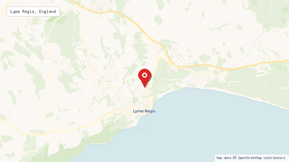 Street map of Lyme Regis, England with location pin