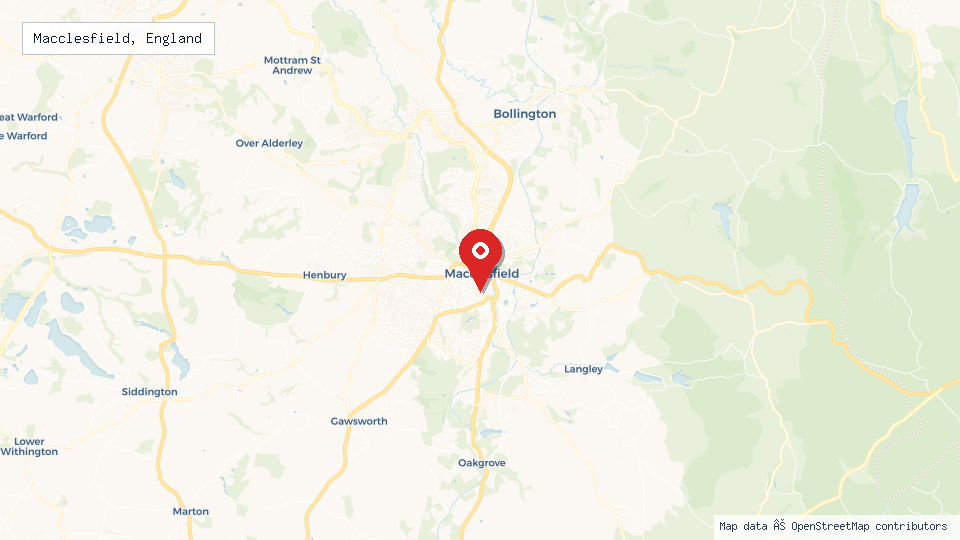 Street map of Macclesfield, England with location pin