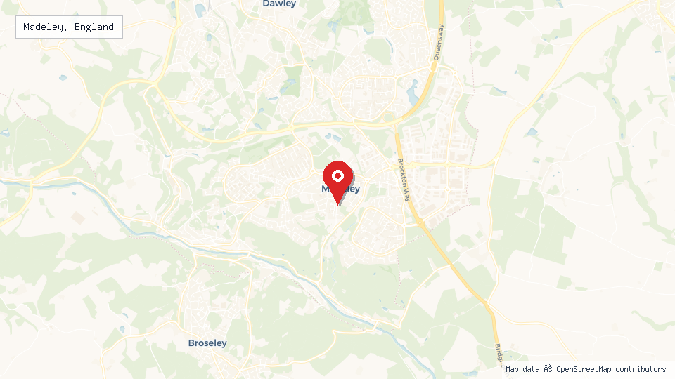 Street map of Madeley, England with location pin