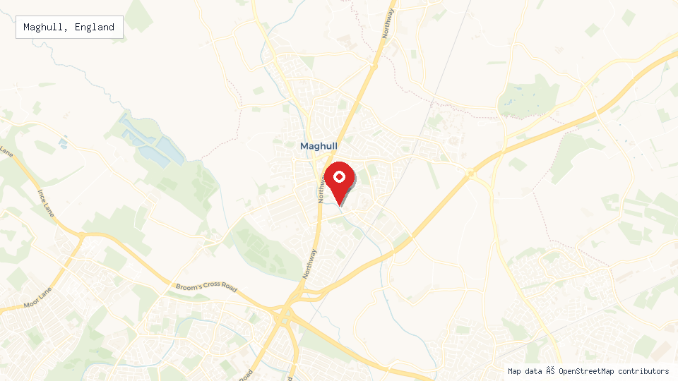 Street map of Maghull, England with location pin