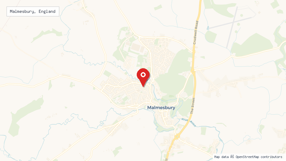 Street map of Malmesbury, England with location pin
