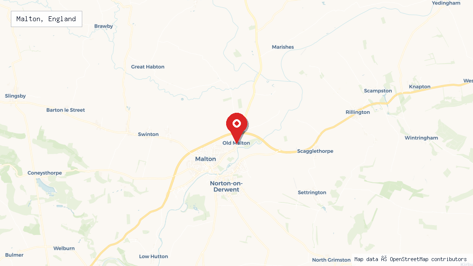 Street map of Malton, England with location pin
