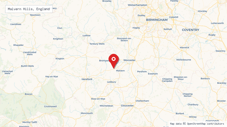 Street map of Malvern Hills, England with location pin