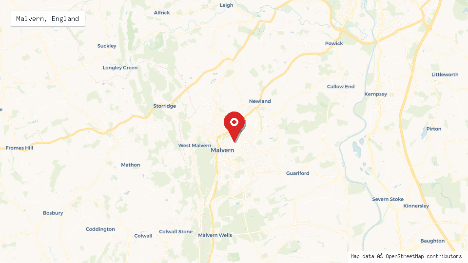 Street map of Malvern, England with location pin
