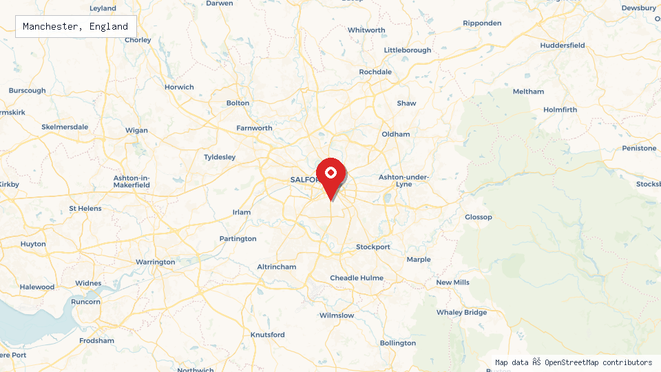 Street map of Manchester, England with location pin