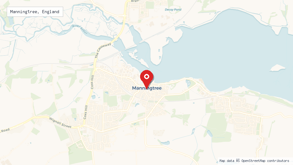 Street map of Manningtree, England with location pin