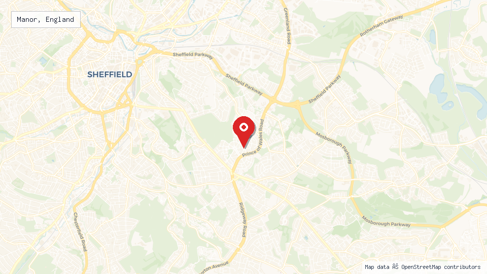 Street map of Manor, England with location pin