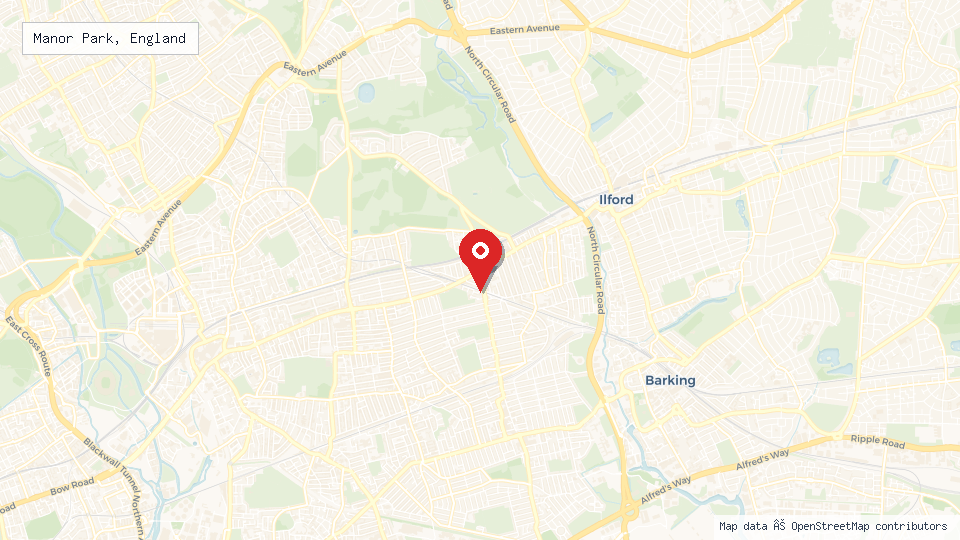 Street map of Manor Park, England with location pin