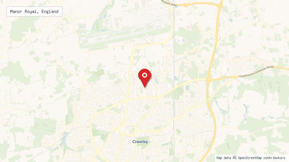 Street map of Manor Royal, England with location pin