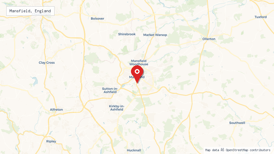 Street map of Mansfield, England with location pin