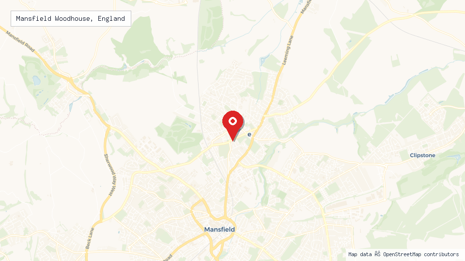 Street map of Mansfield Woodhouse, England with location pin
