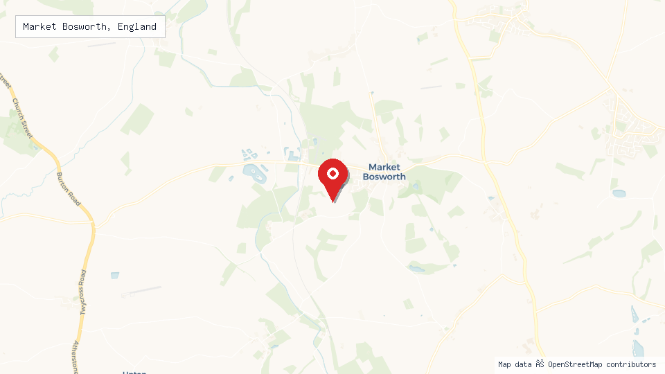 Street map of Market Bosworth, England with location pin
