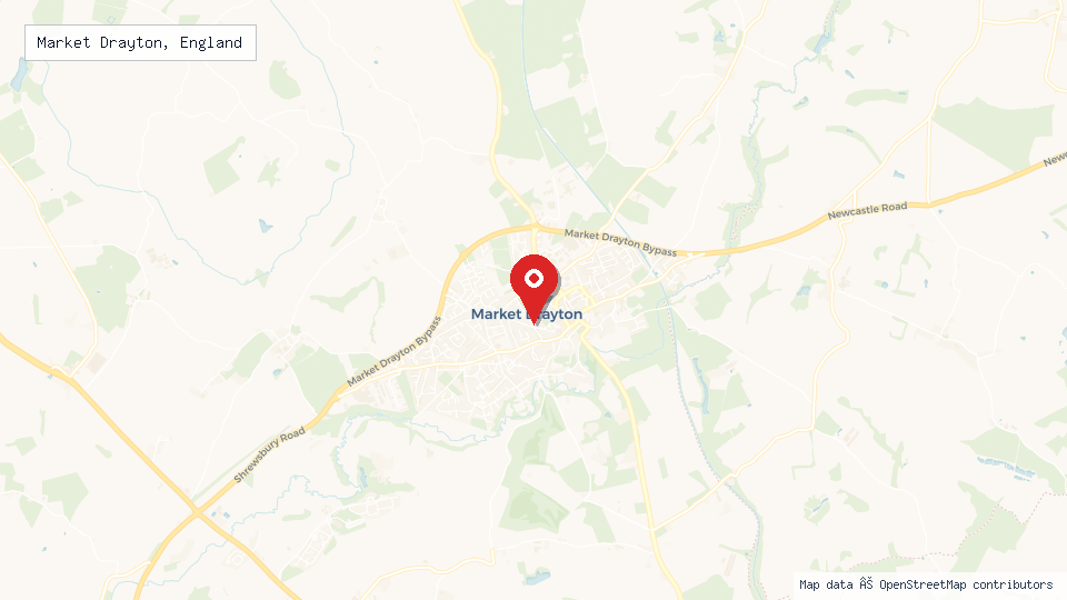 Street map of Market Drayton, England with location pin
