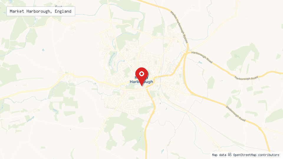 Street map of Market Harborough, England with location pin