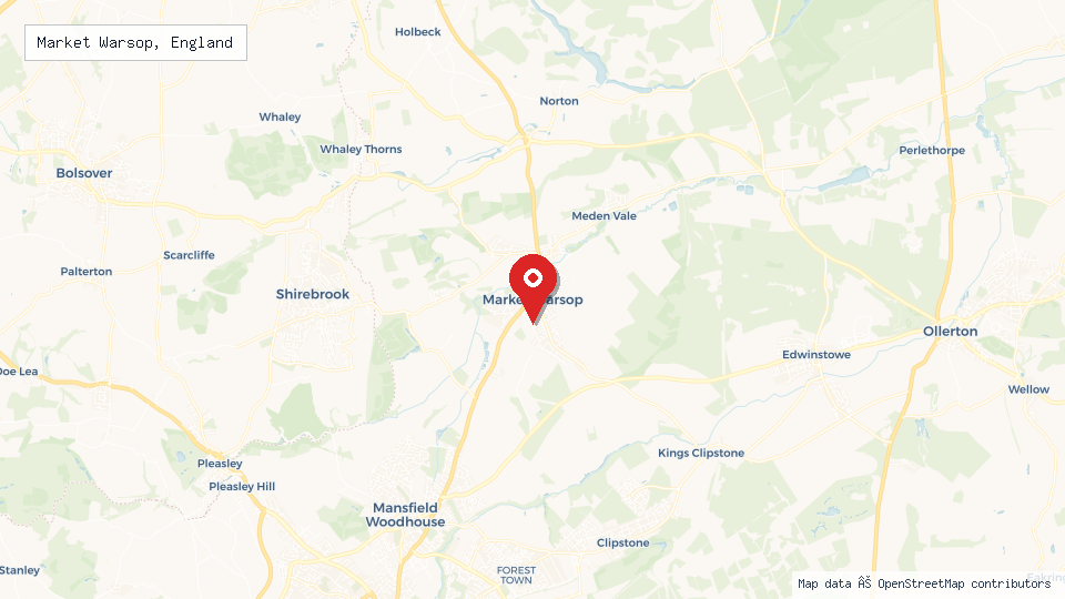 Street map of Market Warsop, England with location pin
