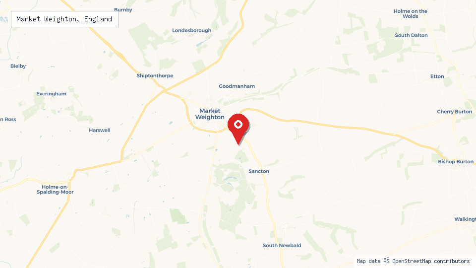 Street map of Market Weighton, England with location pin