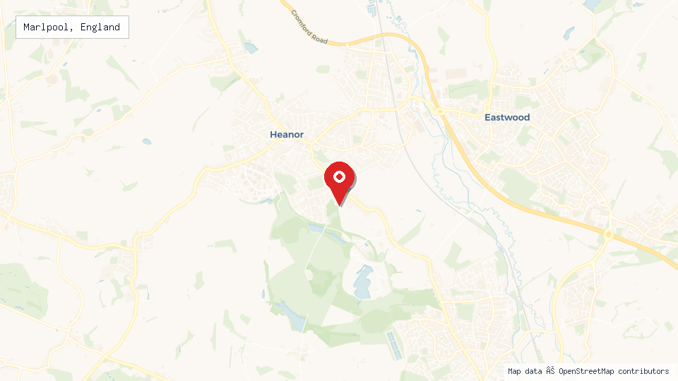 Street map of Marlpool, England with location pin