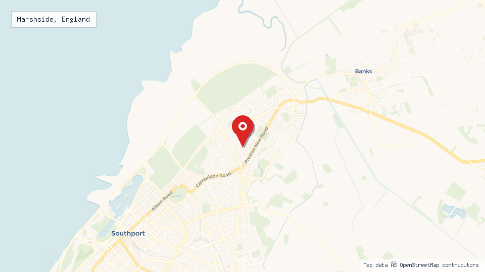Street map of Marshside, England with location pin