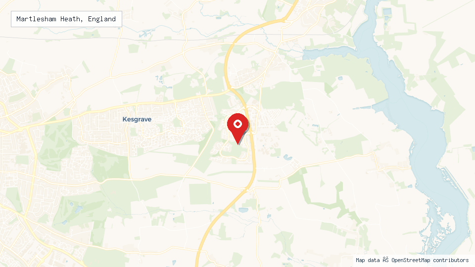 Street map of Martlesham Heath, England with location pin
