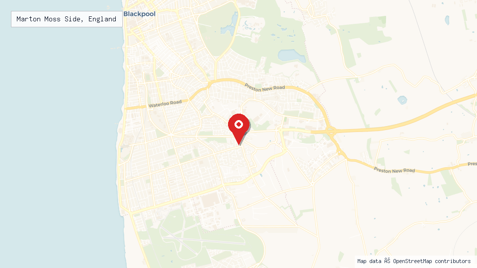 Street map of Marton Moss Side, England with location pin