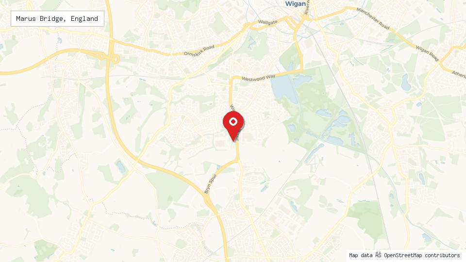 Street map of Marus Bridge, England with location pin